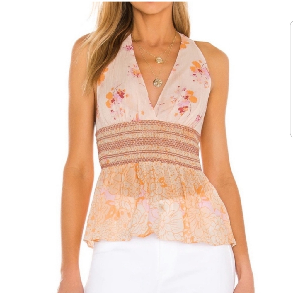 Free People Brinkley V Neck Smocked Tank Top Orange White Floral Print Open Back - Picture 2 of 6